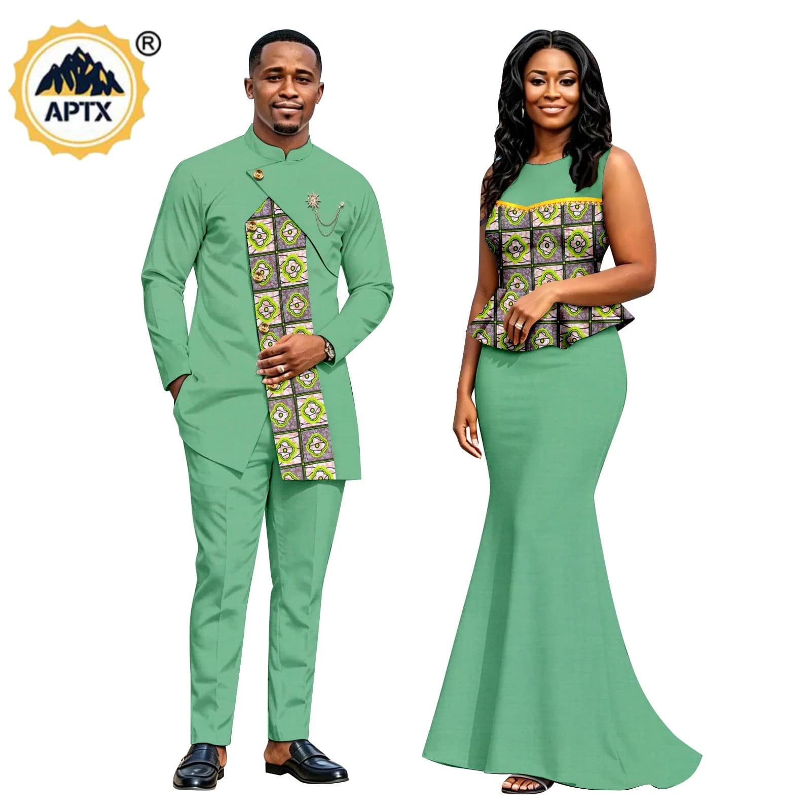 African Beading Print Long Dresses for Women Matching Couple Outfits Dashiki Men Irregular Jackets Top and Pant Sets 26C051