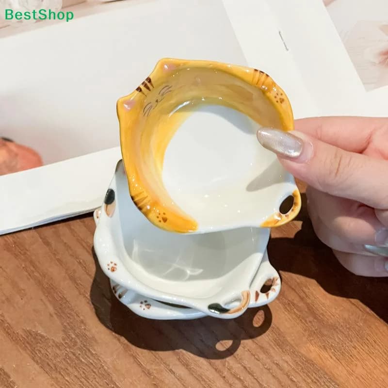 〔R〕Ciotola in Ceramica Dipinta a Mano a Forma di Gatto, per Condimenti, Snack, Salse e Cibo per Animali Domestici