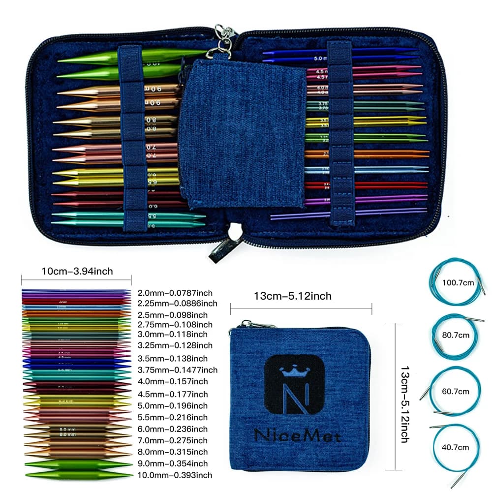 Set di 18 Ferri Circolari per Maglia, 10cm 2.0-10.0mm, in Alluminio Colorato, Intercambiabili, per Cucito e Lavoro a Maglia, Ottimo Regalo