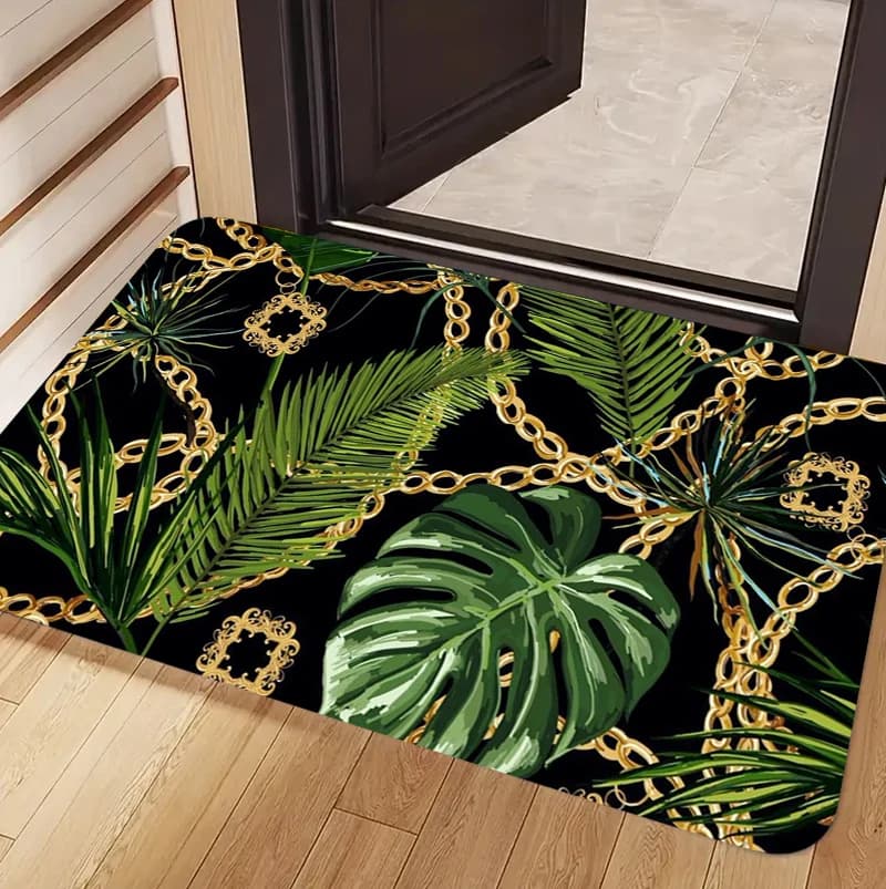 Luxury Gold Chain Print Doormat Leopard Print Tropical Plant Non-Slip Floor Mat Soft Welcome Rug for Front Door Home Decor