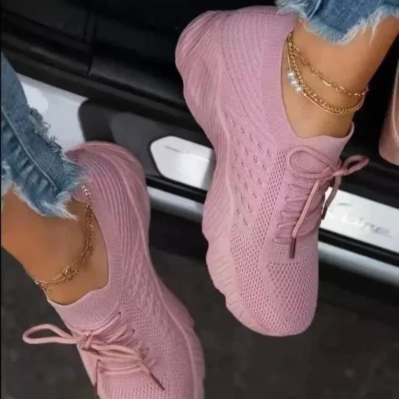 Sneakers Casual da Donna in Maglia Traspirante con Lacci e Suola Chunky, Comode per Passeggiate Quotidiane all'Aperto