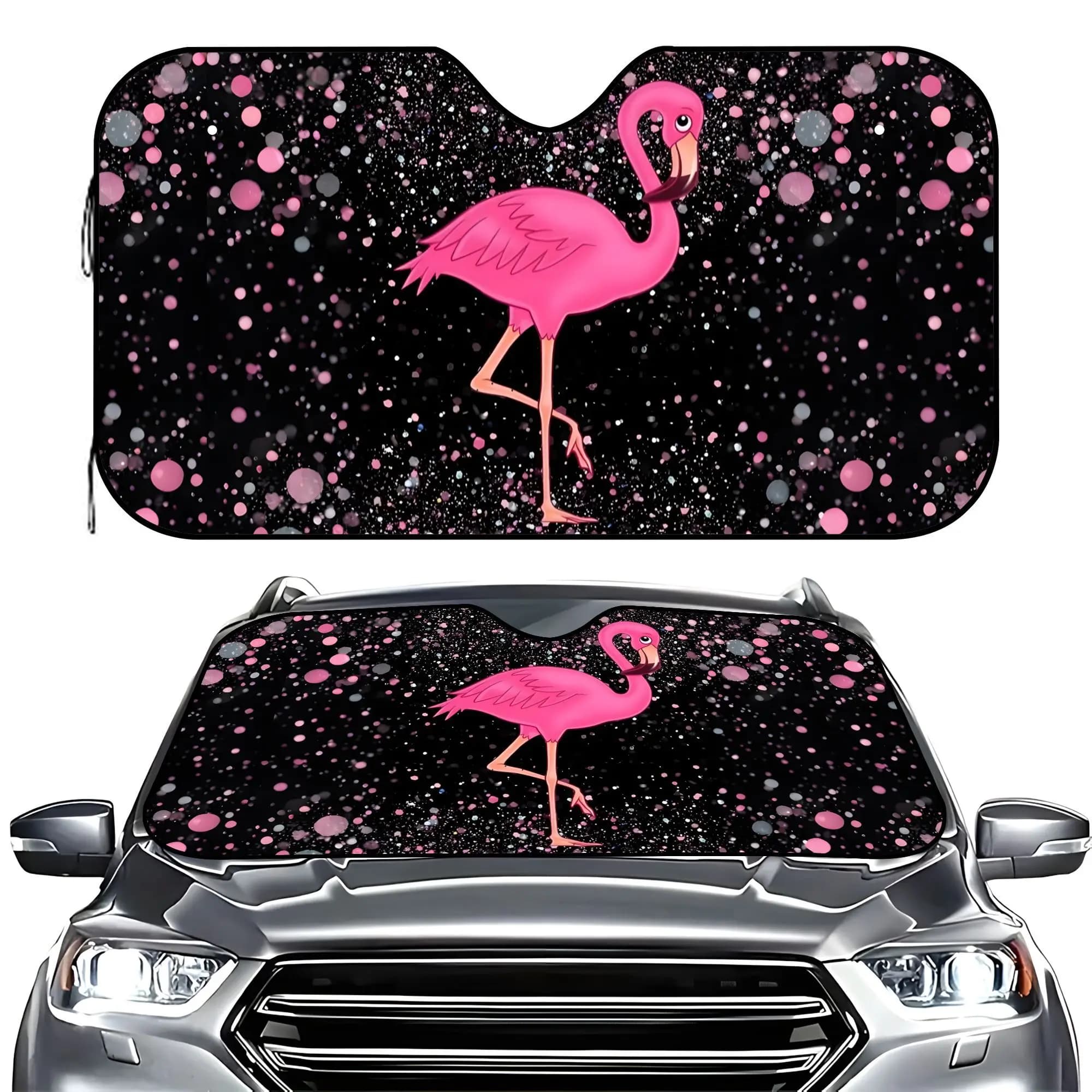 Flamingo Themed Car Sunshade in a Cartoon Style Designed Against UV Glare This Universal Fit Windshield Cover Makes
