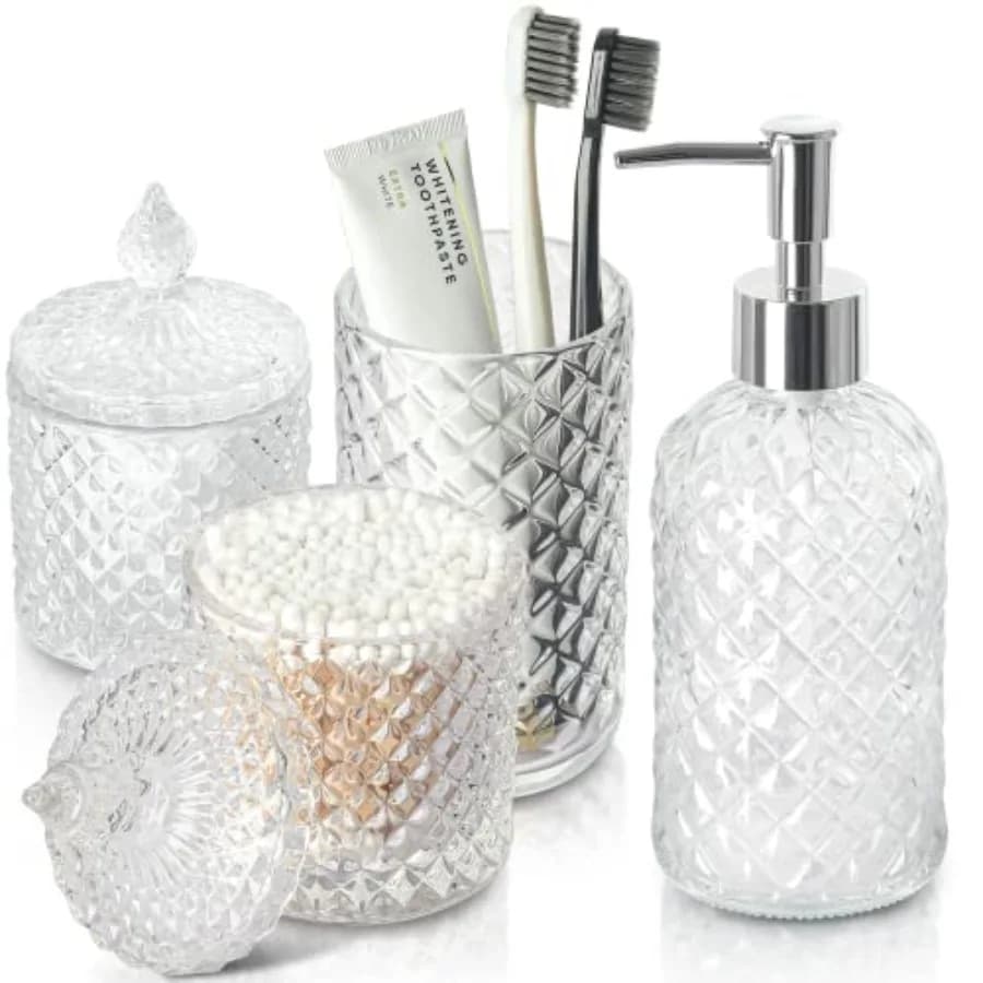 Set di Accessori per il Bagno, 4 Pezzi in Vetro, Dispenser Sapone e Porta Spazzolino Denti con Finitura Diamantata