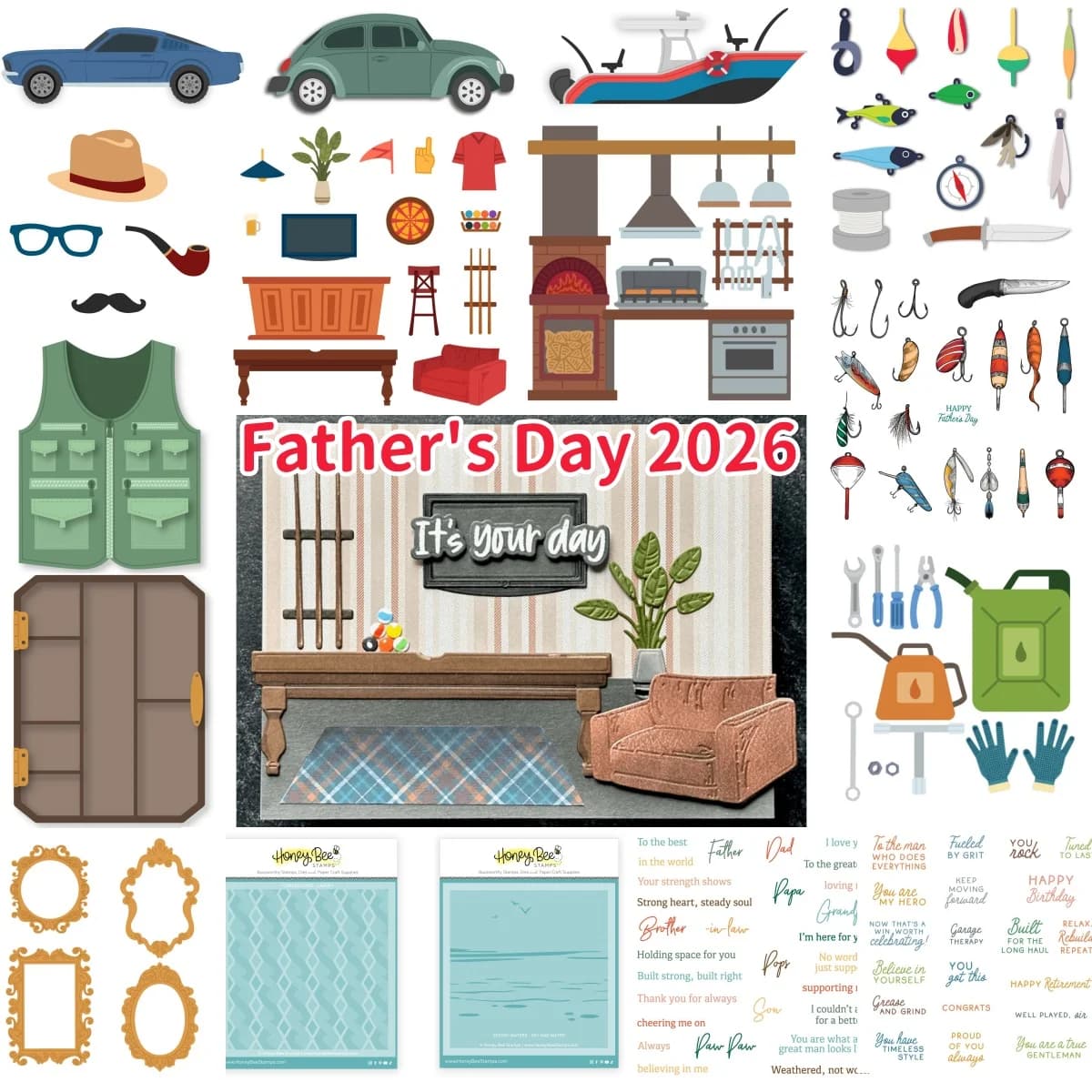 Print for metal stems and transparent stencils with A2 cover for creating DIY tickets, with motifs of fishing gear, boats, vehicles, vests, exhibition boxes and cover plates 2026