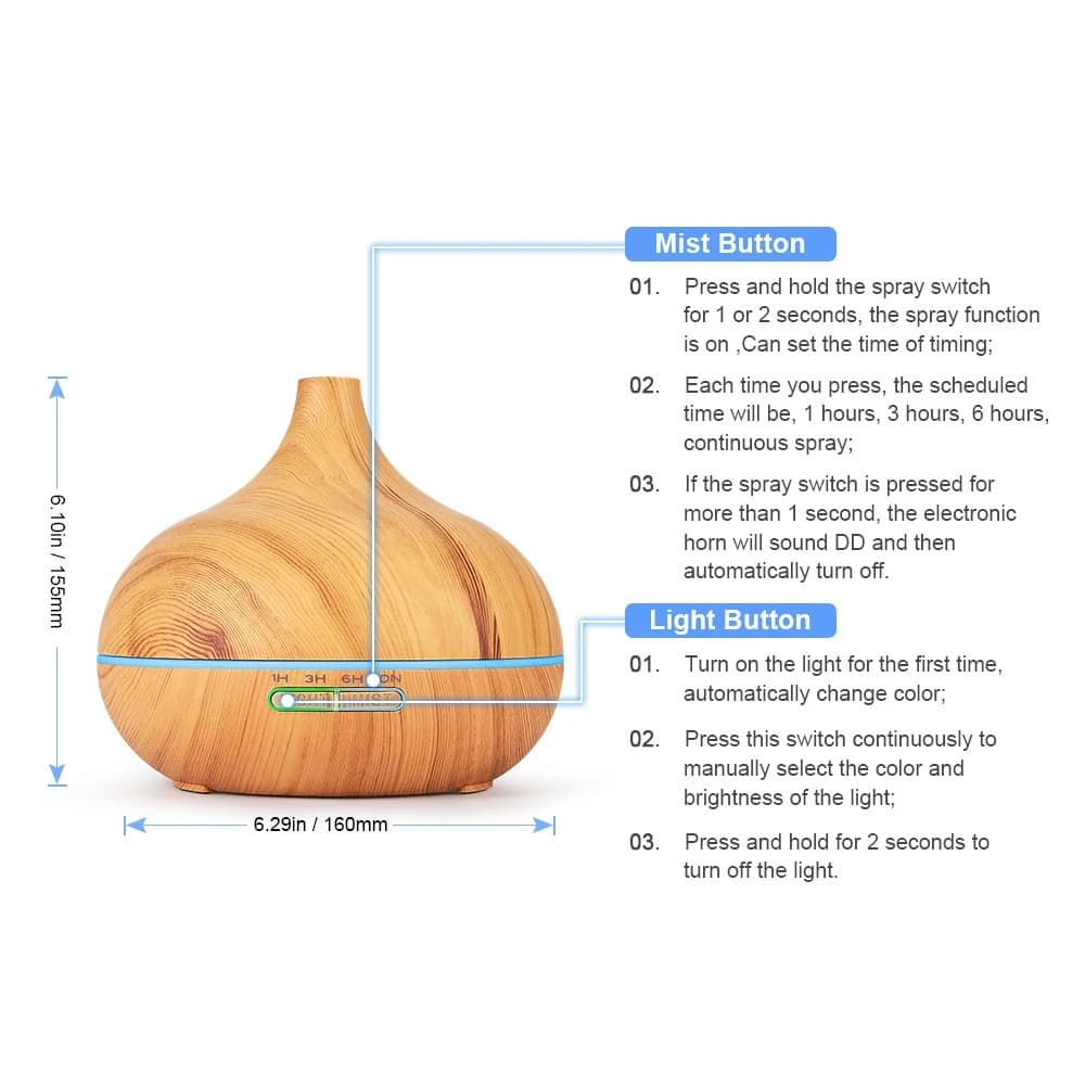 Umidificatore a venature del legno da 500 ml con LED a 7 colori per un sonno migliore, sollievo dallo stress e rinfrescare l'aria, diffusore di nebbia fredda ad ultrasuoni per