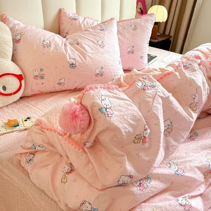 Miffy Kawaii Anime Peach Powder Bed Supplies Four Piece Set Quilt Cover Bed Sheets Double Comfortable Skin-friendly Breathable