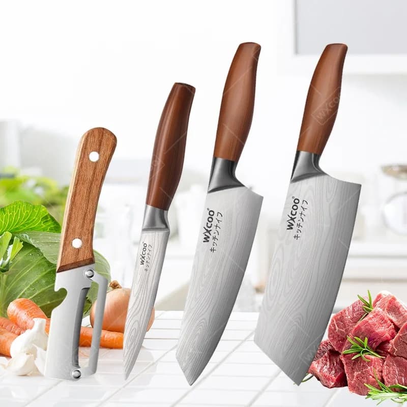 Set di coltelli da cucina WXCOO da 1-4 pezzi, pelapatate, coltello da chef con motivo damascato, utensili per sbucciare frutta e verdura, in acciaio inossidabile