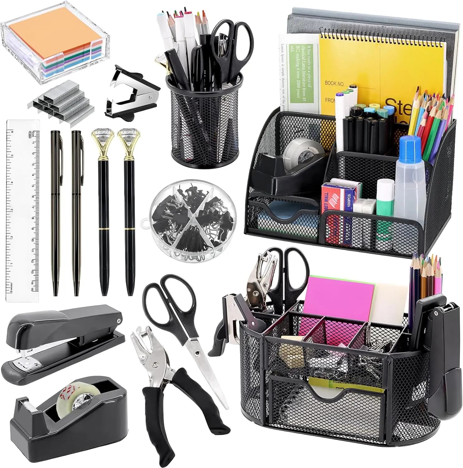 Set di 17 Accessori e Organizzatori da Scrivania Neri, 3 Contenitori per Forniture da Ufficio, 4 Penne, Graffettatrice, Rimuovi Graffette