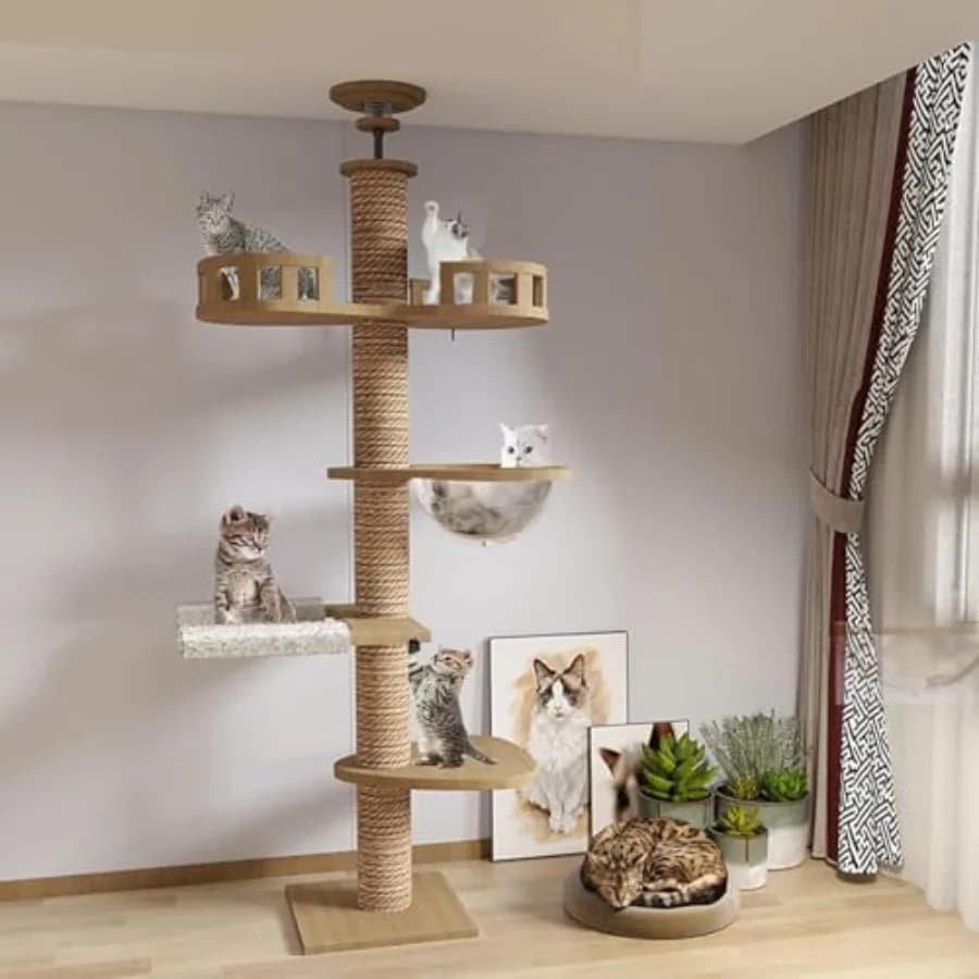 Albero per Gatti da Pavimento a Soffitto con Altezza Regolabile 241-274,2 cm, Larghezza 11 cm, Tiragraffi e Amaca per Gatti Completamente Rivestiti in Corda di Sisal