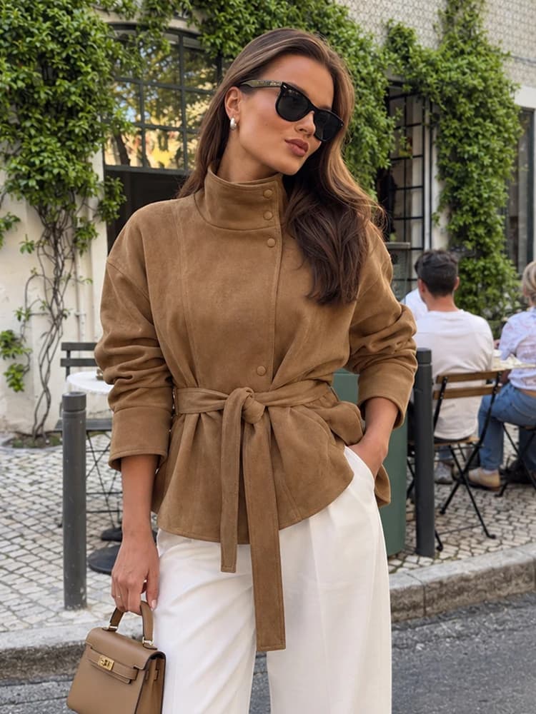 HH Women Fashion Faux Suede Jacket High Stand Collar Waist Belt Vintage Old Money Outerwear Spring Autumn Formal Occasion Outfit