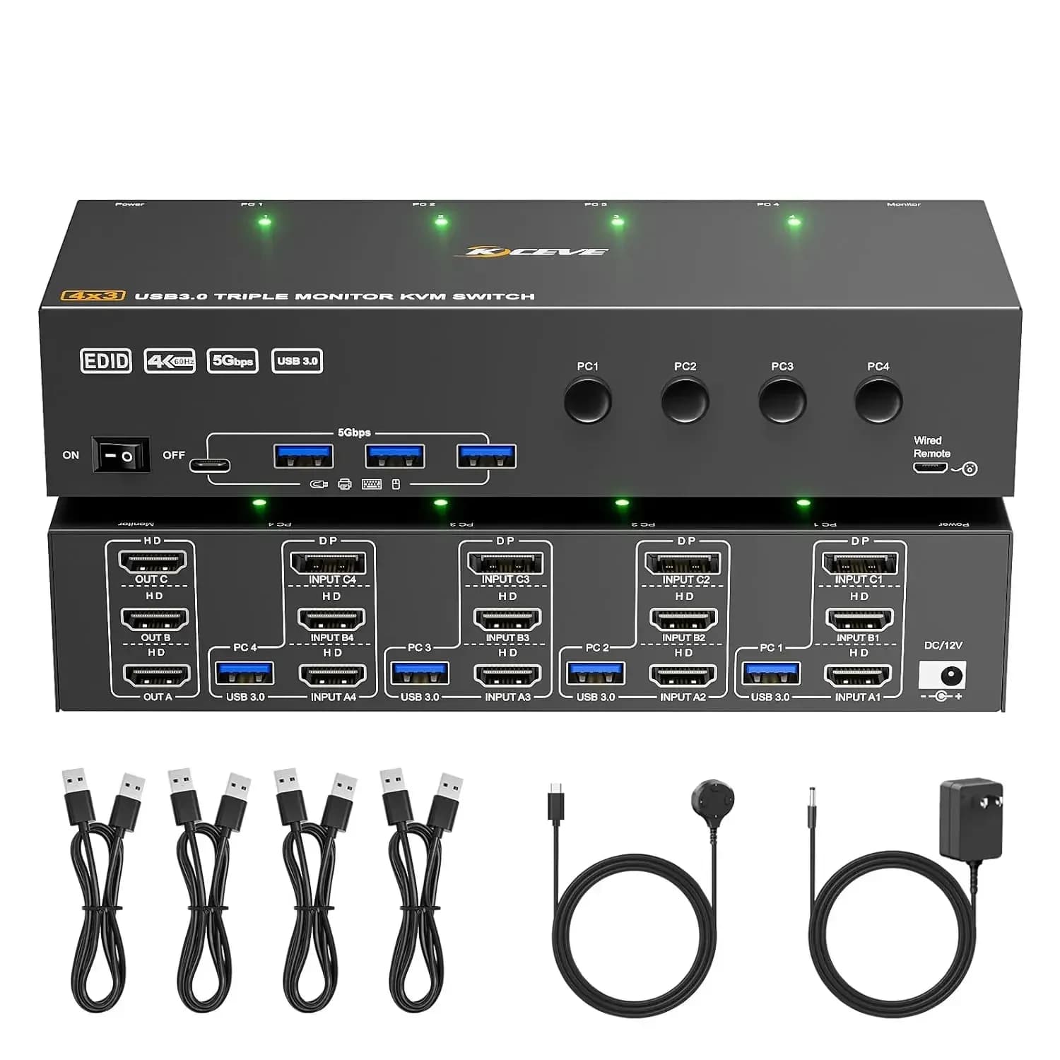 Switch KVM 3 monitor 4 computers 4K@60Hz, simulation EDID, switch KVM Displayport HDMI Triple monitor for 4 PCs Share 3 monitors