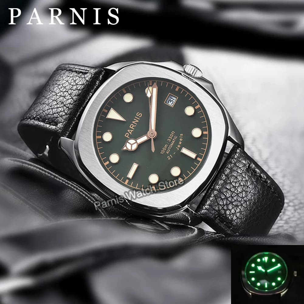 Parnis 39mm orologio da polso da uomo orologio meccanico automatico in acciaio inossidabile con cinturino in pelle