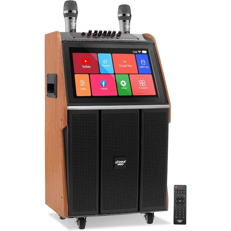 Altoparlante portatile per macchina karaoke in streaming BT wireless con touch screen e microfono wireless, ruote e manubrio