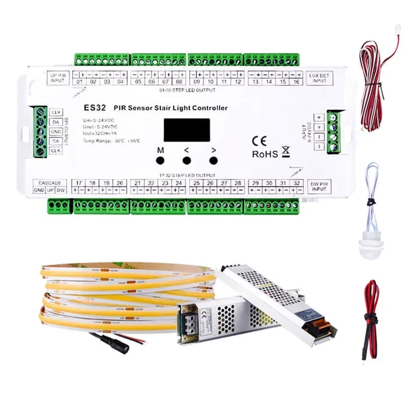 ES32 PIR Sensor Stair Light Controller 32CH Single Color 2CH RGB Pixel SPI LED Strip 5V-24V Dimmer Stair LED Sensor Controller