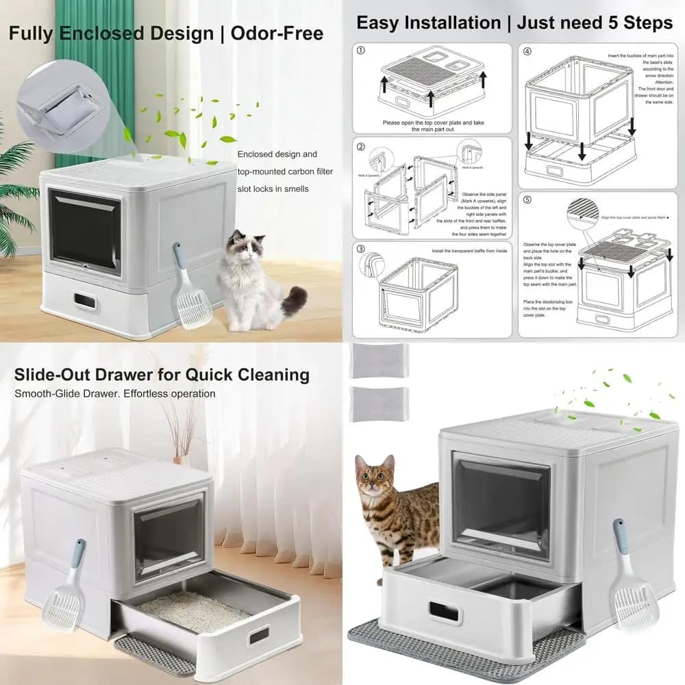 Lettiera per Gatti in Acciaio Inossidabile con Coperchio, Adatta a Tutti gli Stili di Vita, Design Anti-Perdita, Include Paletta e Tappetino