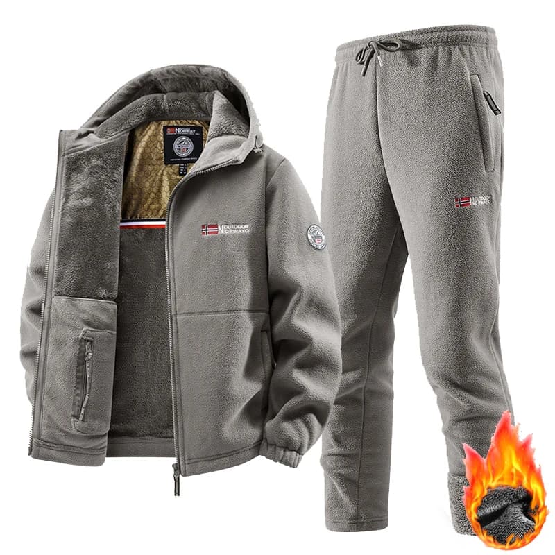 New Winter Sportswear Set Mens Retro Training Thick Fleece Jacket + Pants Two Piece Set Casual Ski Running Tracksuit Suit