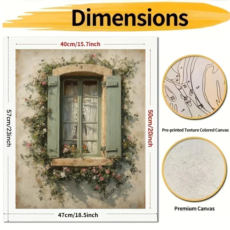 Professional Art Use 1 Set Adult DIY Paint by Numbers Kit: Vine Flowers in Full Bloom by the Window, Acrylic Painting Set with B