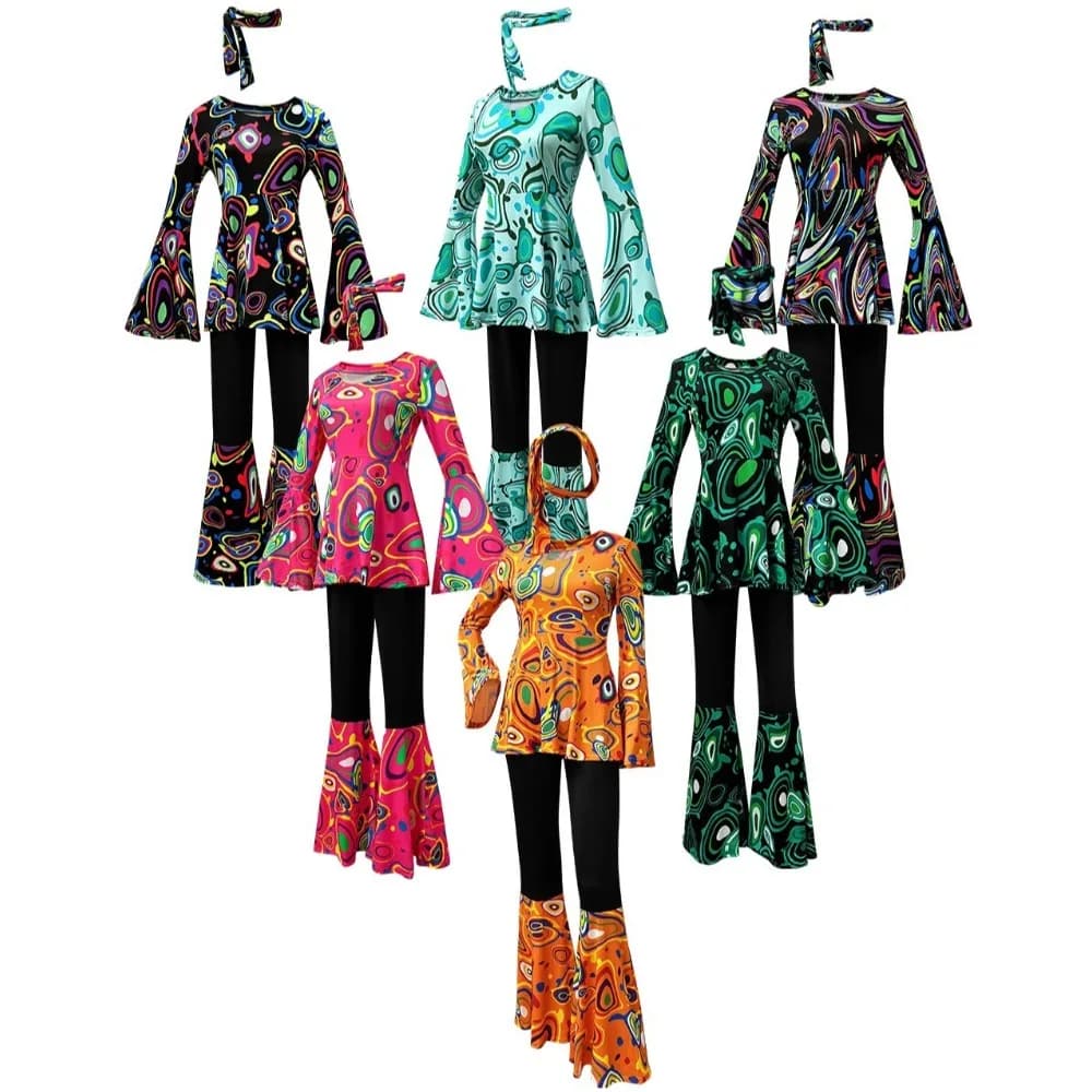 70's Retro Disco Costume for Women 3pcs 80s Hippie Cosplay Printed Clothing Headband Set Female Halloween Hip-hop Party Dress Up