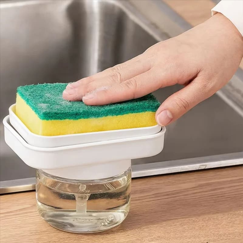 A67P-Dispenser di sapone per piatti con pompa facile da premere, porta spugna e scatola di detersivo per una pulizia efficiente della cucina