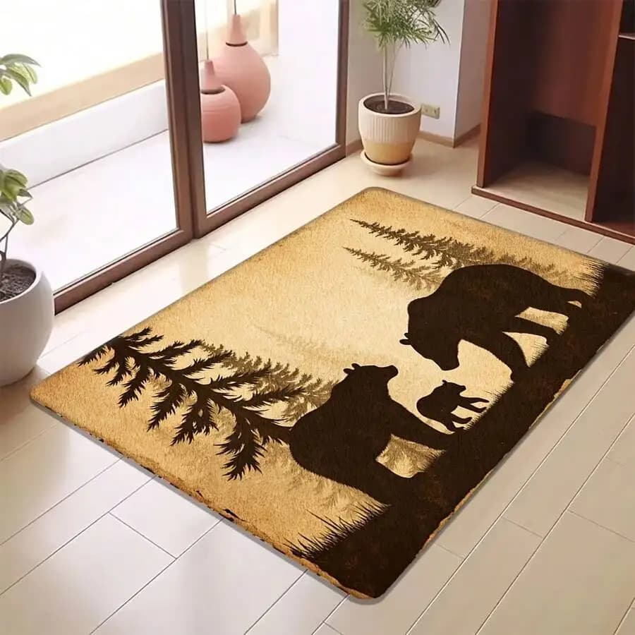 Soft Thick Bear And Pine Forest Rug With Anti-Slip Backing Washable For Living Room Bedroom Kitchen Bathroom