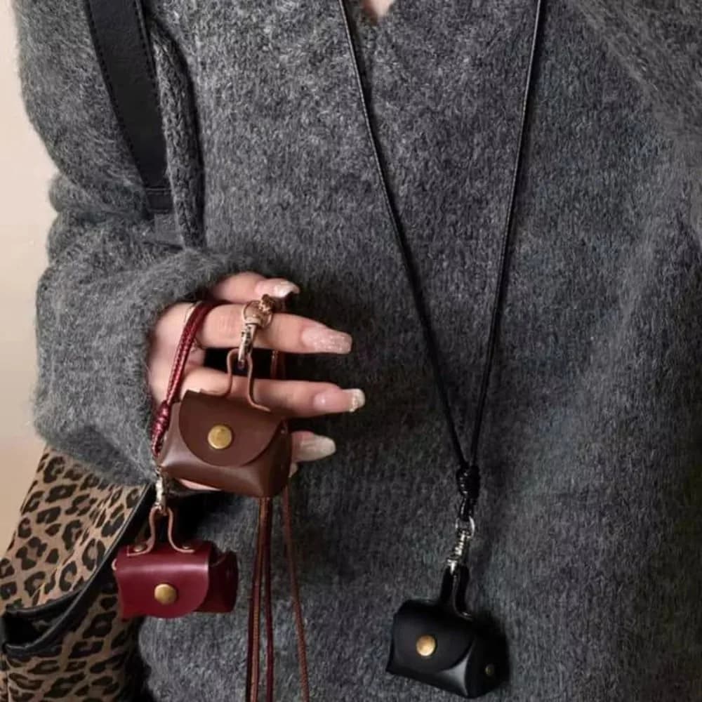 Mini and Compact Leather Hanging Neck Coin Purse Necklace Niche Design Headphone Bag Long Sweater Chain Accessory Women Men