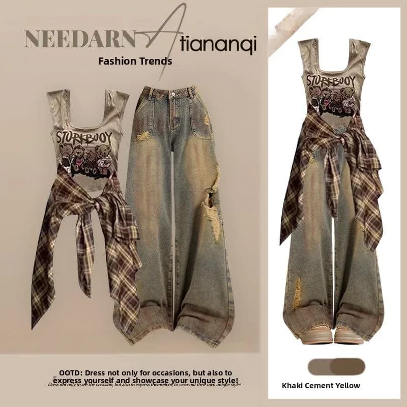 Set Tre Pezzi Donna: Gilet Camicia Vintage a Quadri, Jeans a Gamba Larga in Denim con Strappi e Camicia a Maniche Lunghe Stile Casual Primavera Estate