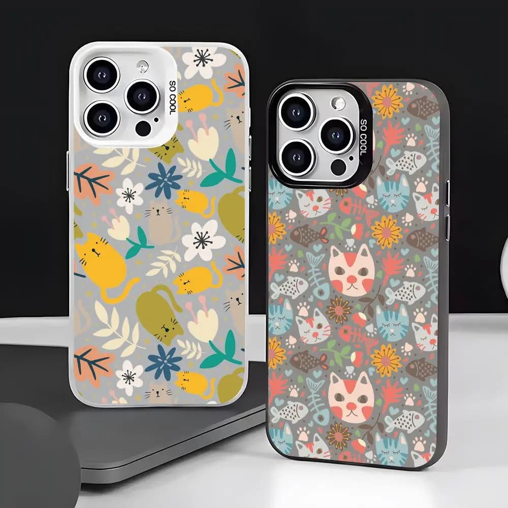 Phone case with floral pattern and cat for iPhone 17 16 15 14 13 12 11 Pro Max Air, opaque, laser, aurora, shockproof
