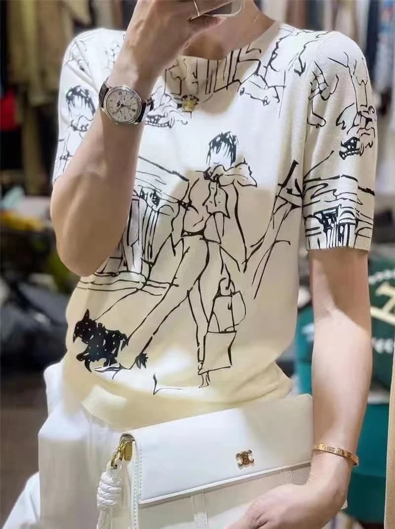 Estate donna sezione sottile Graffiti Jacquard digitale girocollo Fine imitazione lana lavorata a maglia a maniche corte t-shirt Pullover Top
