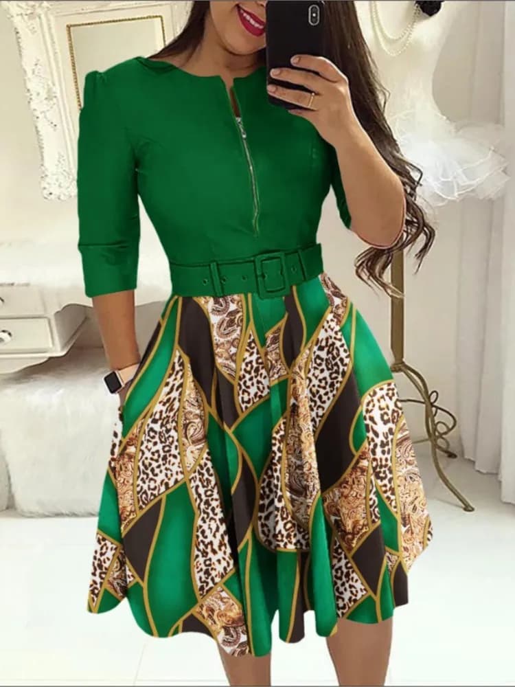 Abito da donna di media lunghezza con cintura alla moda estiva con stampa leopardata barocca Color Blocking Zipper Design Casual Office Dress