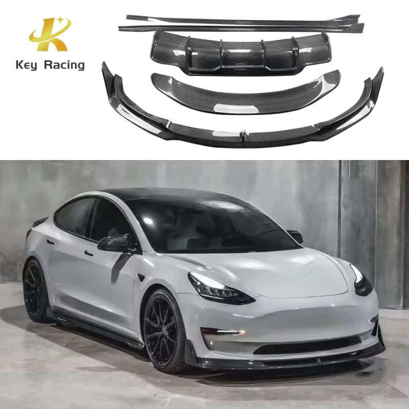 V-style body kit in carbon fiber front lip diffuser rear bumper mini skirts rear side spoiler for Tesla model 3