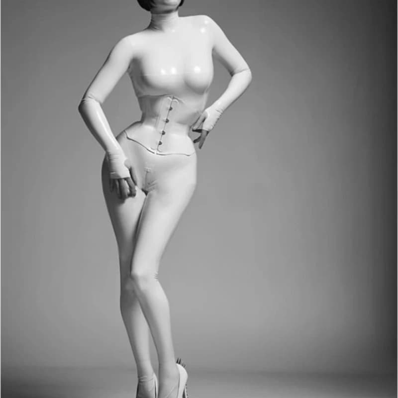 Catsuit in lattice Mezzi guanti al seno 3D Body in gomma stile anello con calzini Cerniera posteriore attraverso il cavallo senza corsetto