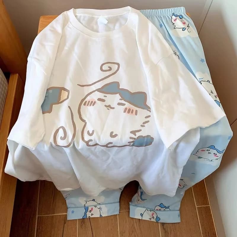 Chiikawa Hachiware Women Pajama Set Short Sleeve T Shirt Pink Cartoon Print Long Pants Soft Loose Kawaii Loungewear Sleepwear