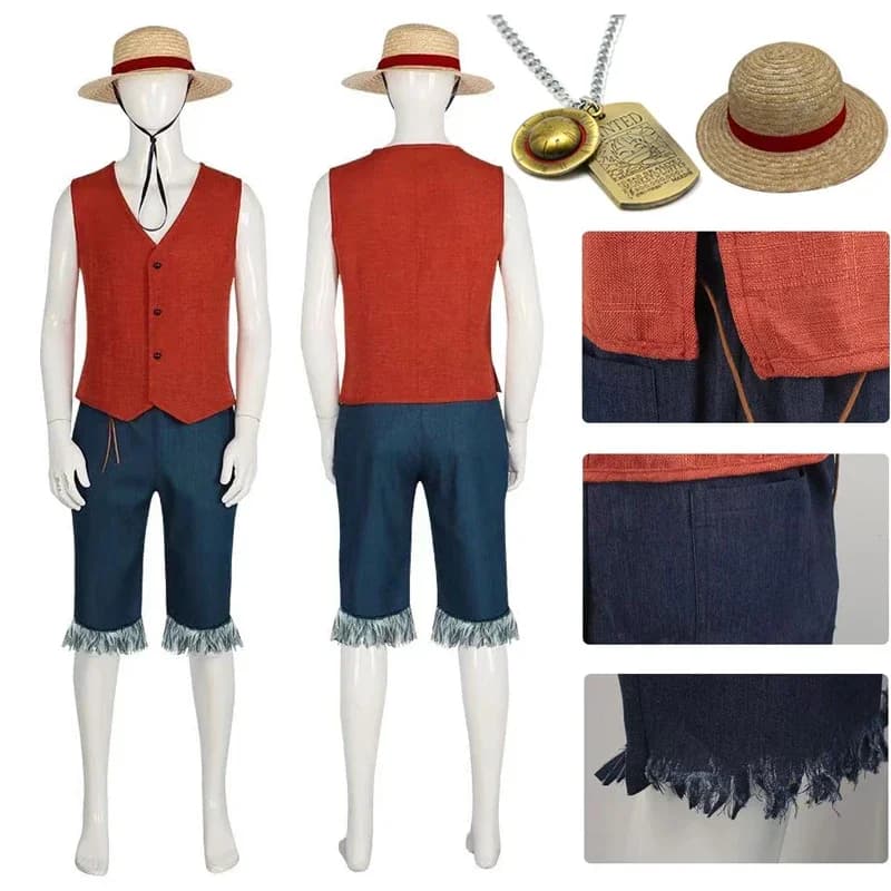 Monkey D rufy Costume Cosplay gilet rosso pantaloncini cappello corda Anime Outfit adulti uomini per Halloween Party Costume Suit