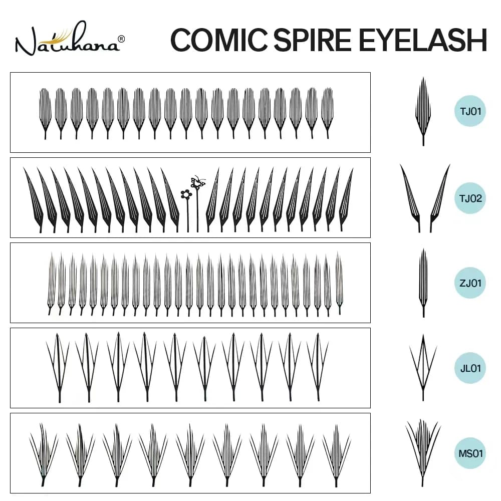 Ciglia Finte NATUHANA Comic Spire Effetto Anime, Curvatura C e D, Ciglia Morbide Stile Manga, Ventagli Preformati, Ciglia Volumizzanti Individuali, Strumenti per il Trucco