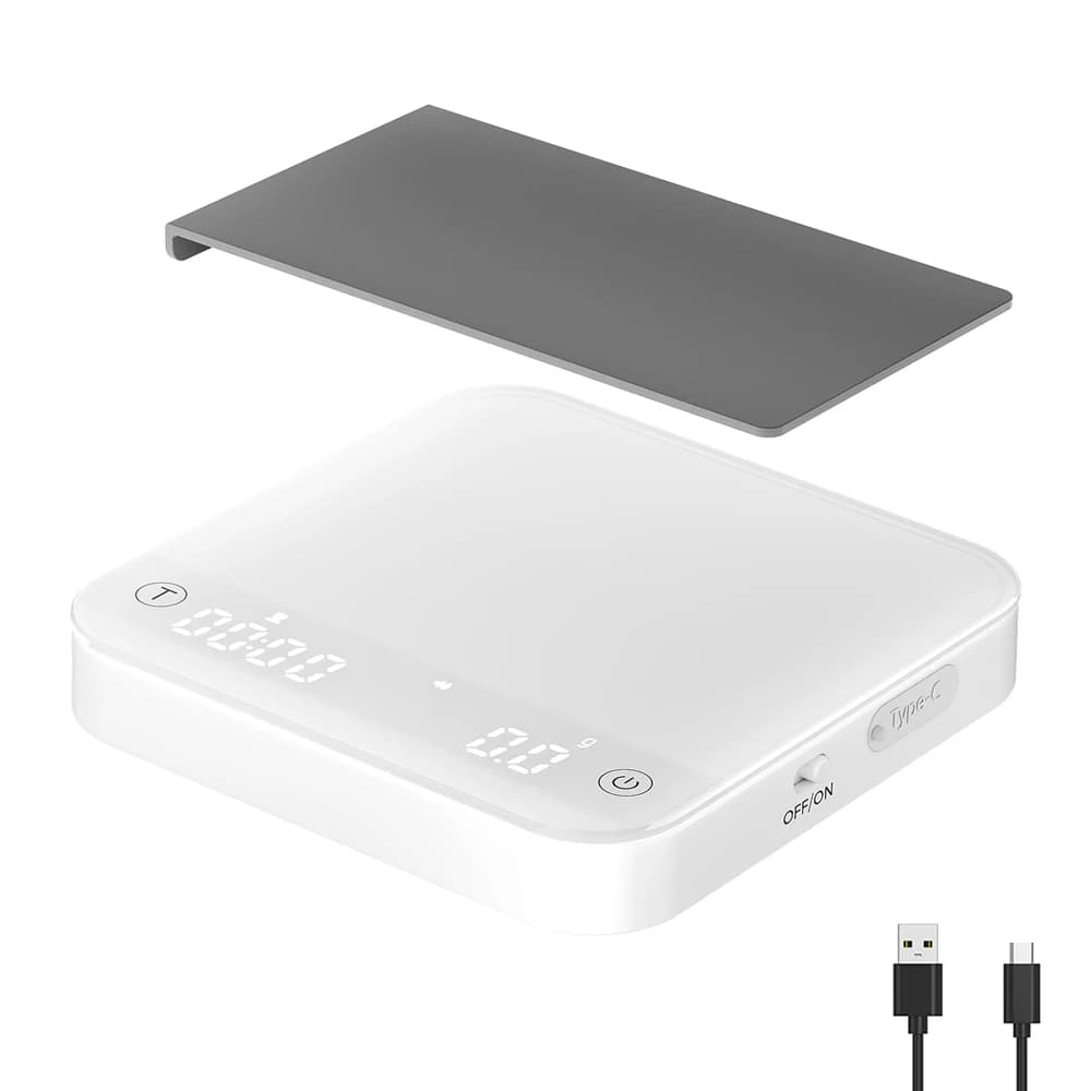 Portable Coffee Scale, 0.1g Precision, 0.3g-2000g, Flow Mode and Report, 7H Type-C Battery, Tempered Glass, White and Black