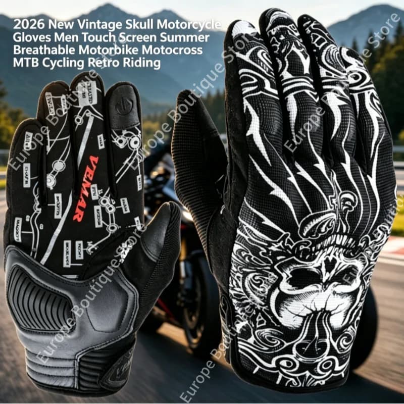 2026 NEW Retro Skull Touch Screen Motorcycle Gloves Men Summer Breathable for Motocross MTB Cycling Motorbike Riding Gear