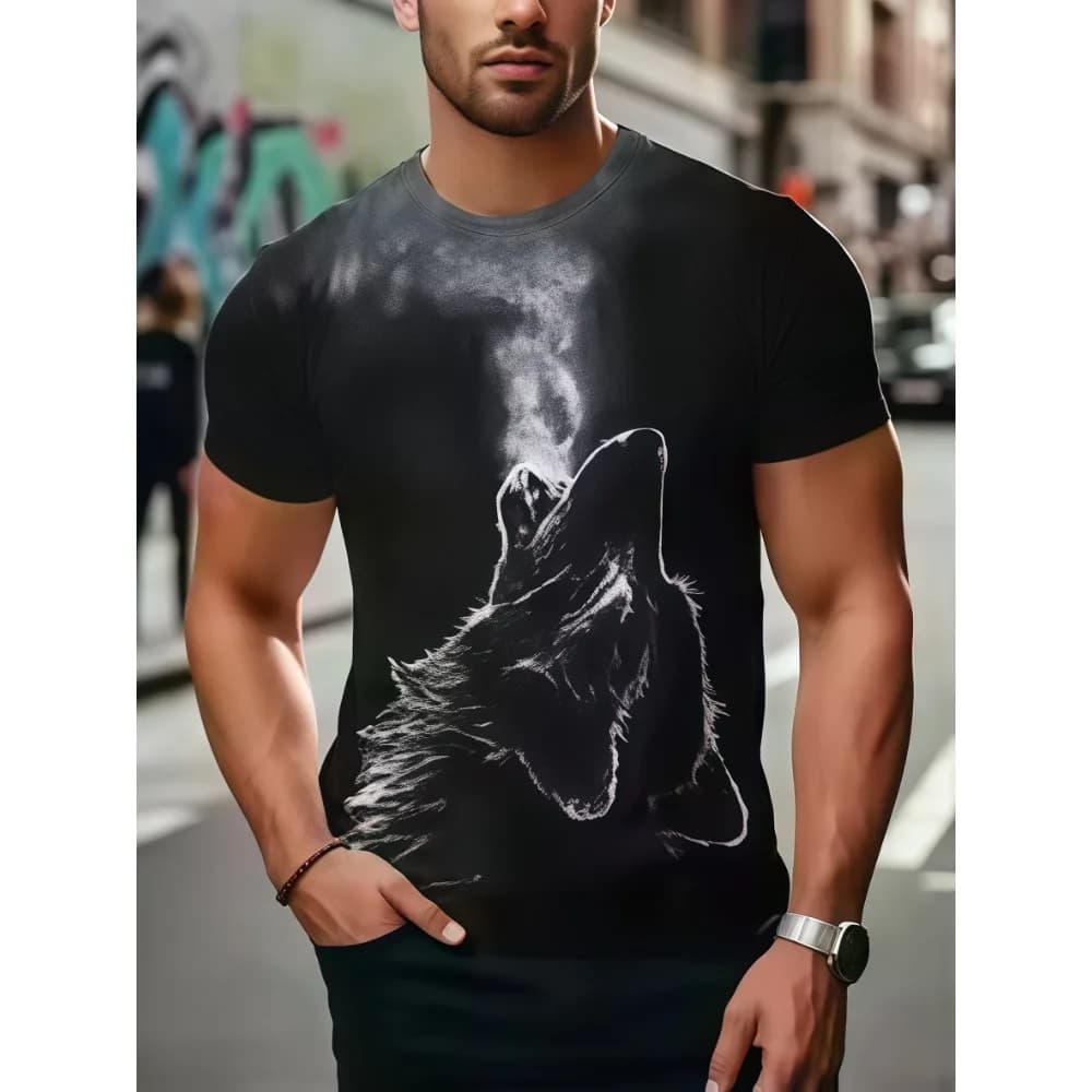 Fashion New 3D Wolf Smoke Sketch Printed Men T-shirt Wild Animal Graphic T Shirt Trend Man Streetwear Summer Tops