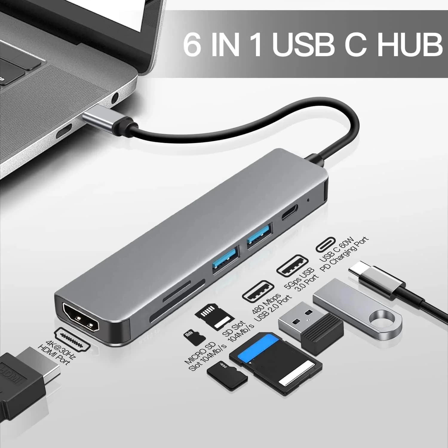 Hub USB C 6 in 1 da Tipo C a HDMI 4K compatibile, con ricarica PD 87W, docking station, lettore di schede SD e TF, splitter per computer Macbook