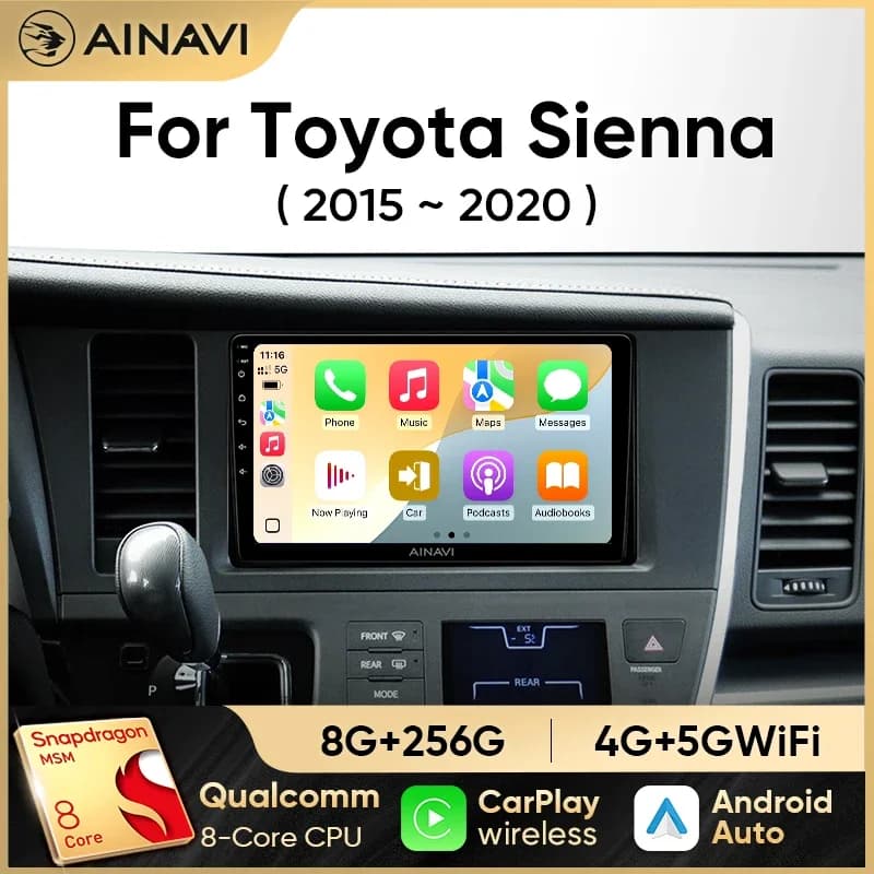 Autoradio Ainavi per Toyota Sienna 3 2015-2021 Wireless Carplay Android Auto Lettore multimediale WiFi 4G 2 Din