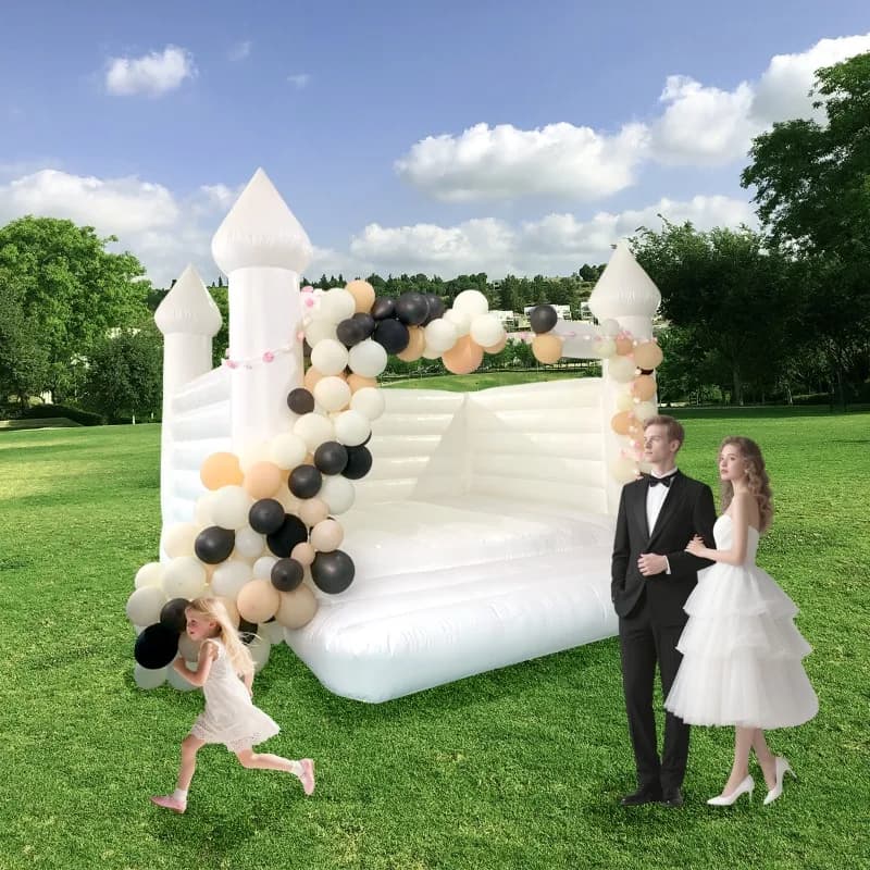 White bounce house inflatable cost for weddings in the garden with hairdryer for wedding events
