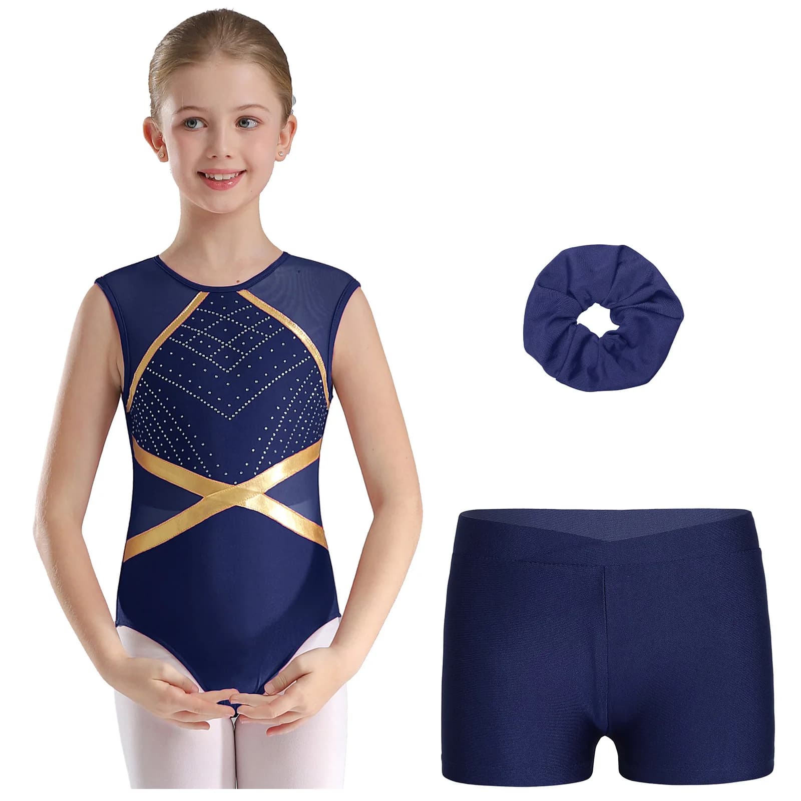 Body da Ginnastica Artistica per Bambine Senza Maniche con Pantaloncini e Copricapo per Pattinaggio Artistico e Spettacoli di Danza