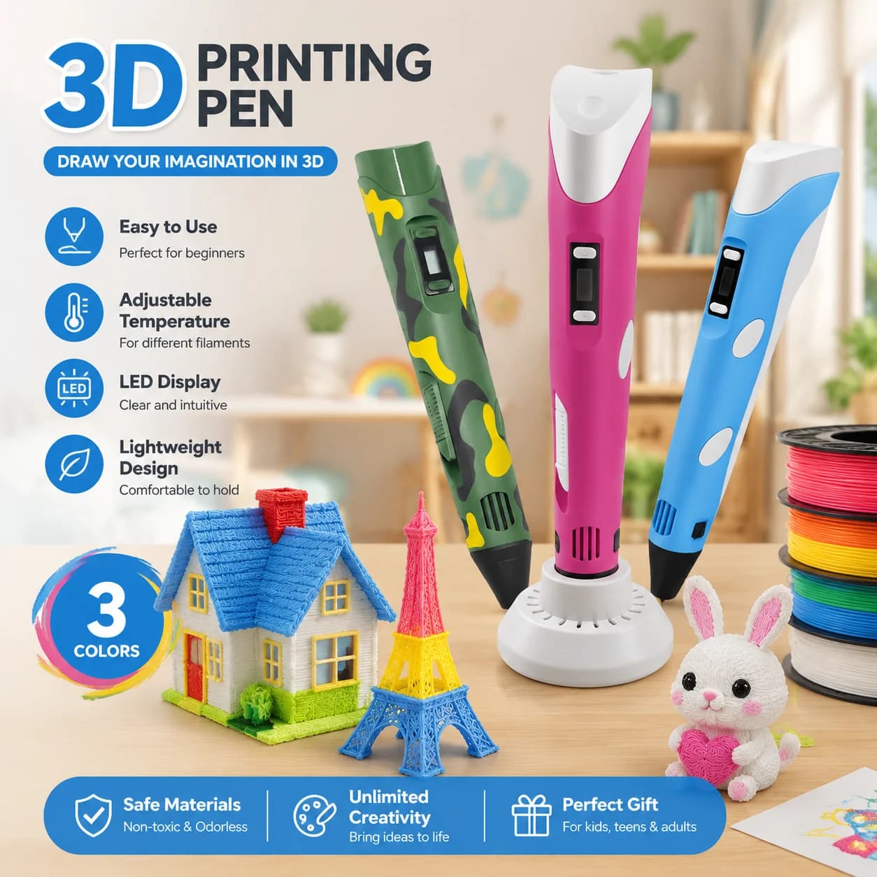 Penna per Stampa 3D con Filamento PLA da 9M, Sicura e Resistente alle Alte Temperature, per Disegno e Graffiti Fai-da-Te, Regalo di Natale e Compleanno per Bambini e Adulti