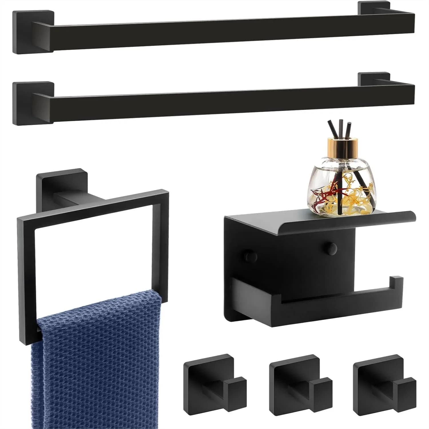Set di Accessori per Bagno Nero Opaco 7 Pezzi con Portasciugamani, Portarotolo, Portasciugamani da Parete e Ganci, in Acciaio Inossidabile