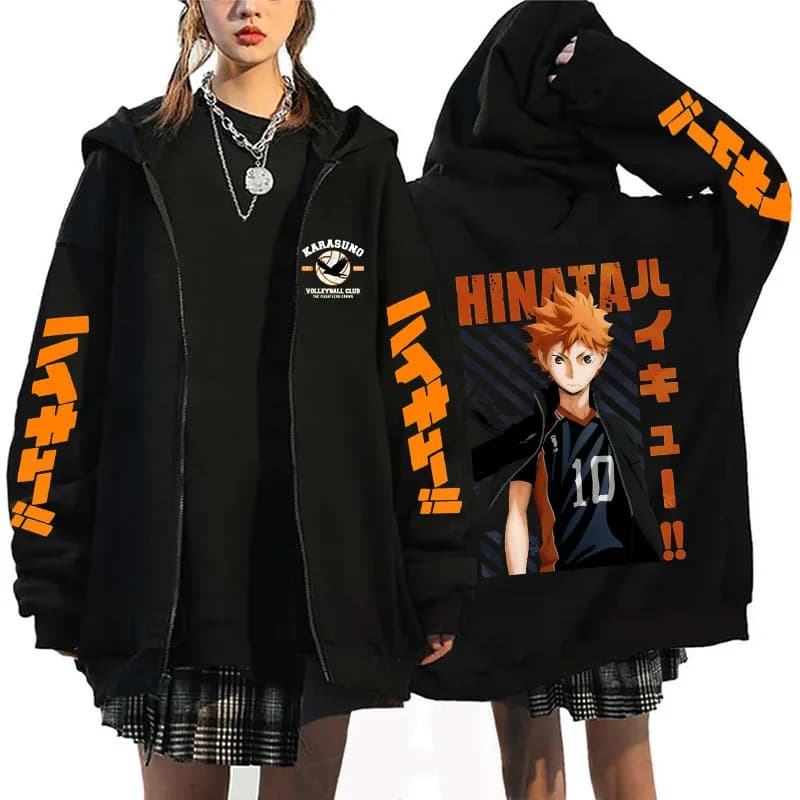 Giacche con Zip Grafiche Haikyuu Hinata per Uomo e Donna, Felpa Anime Giapponese Y2k, Felpe con Zip Karasuno Fly High, Tuta con Zip