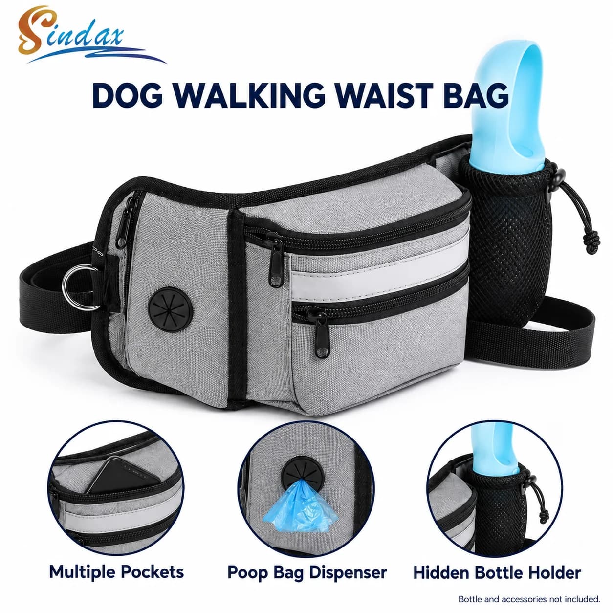 Dog Walking Waist Bag with Water Bottle Holder Poop Bag Dispenser and Leash Clip Ring Adjustable Treat Pouch