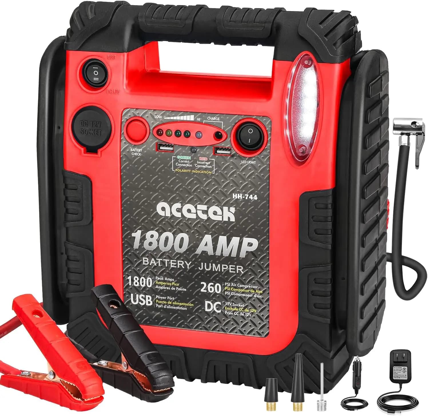 Avviatore d'Emergenza per Auto 1800A con Compressore d'Aria, Booster Batteria 20000mAh 12V per Motori Benzina/Diesel, Luce LED e Porte USB