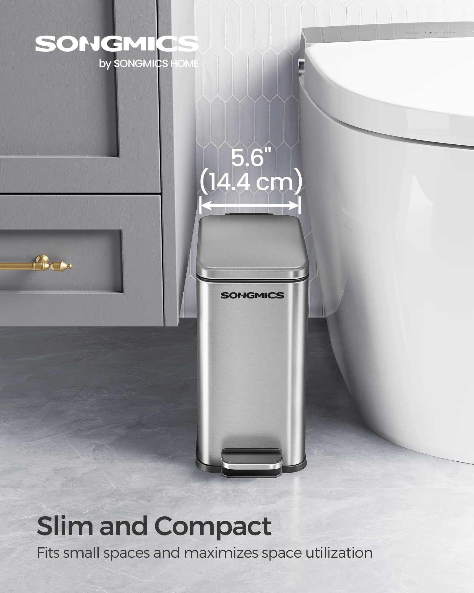 SONGMICS Bath basket, 5 L (1,3 Gallons), Waste container with lid, Subtile for narrow spaces, Stainless steel bible
