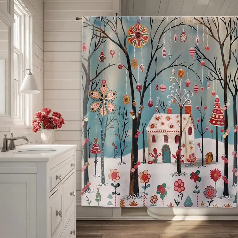 Stravagante tenda da doccia per la casa della foresta di caramelle invernali, decorazione per il bagno delle vacanze pastello per il tema invernale di Natale