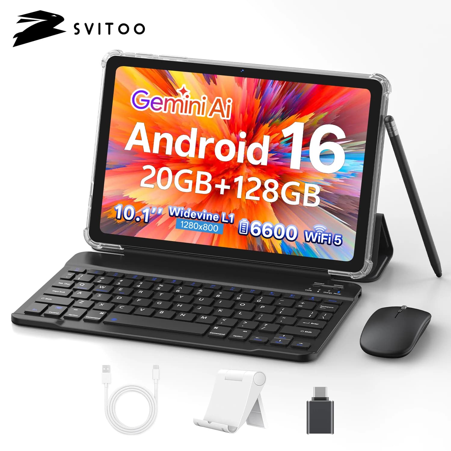 Tablet Android 16 SVITOO 2025 10.1 Pollici Processore Octa-Core 20GB RAM 128GB ROM Battery 6600mAh GPS WiFi with Keyboard Mouse and Case