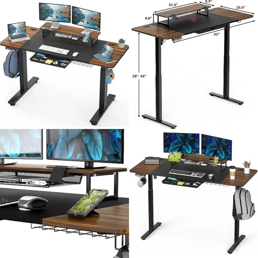 62 inch adjustable electric desk in walnut with display support and storage drawer